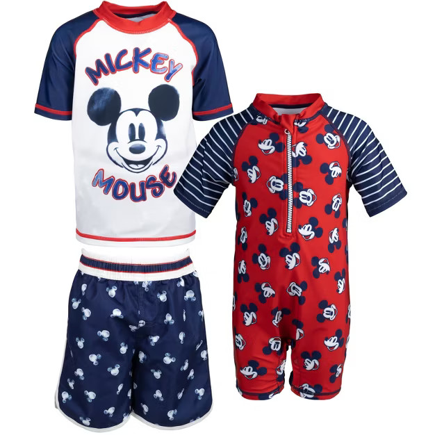 Disney Mickey Mouse Toddler Boys 3 Piece Swimsuit Set: Sunsuit Swim Rash Guard Swim Trunks Blue/R... | Target