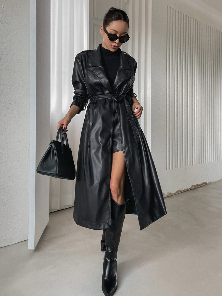 DAZY Peak Collar Belted PU Trench Coat | SHEIN
