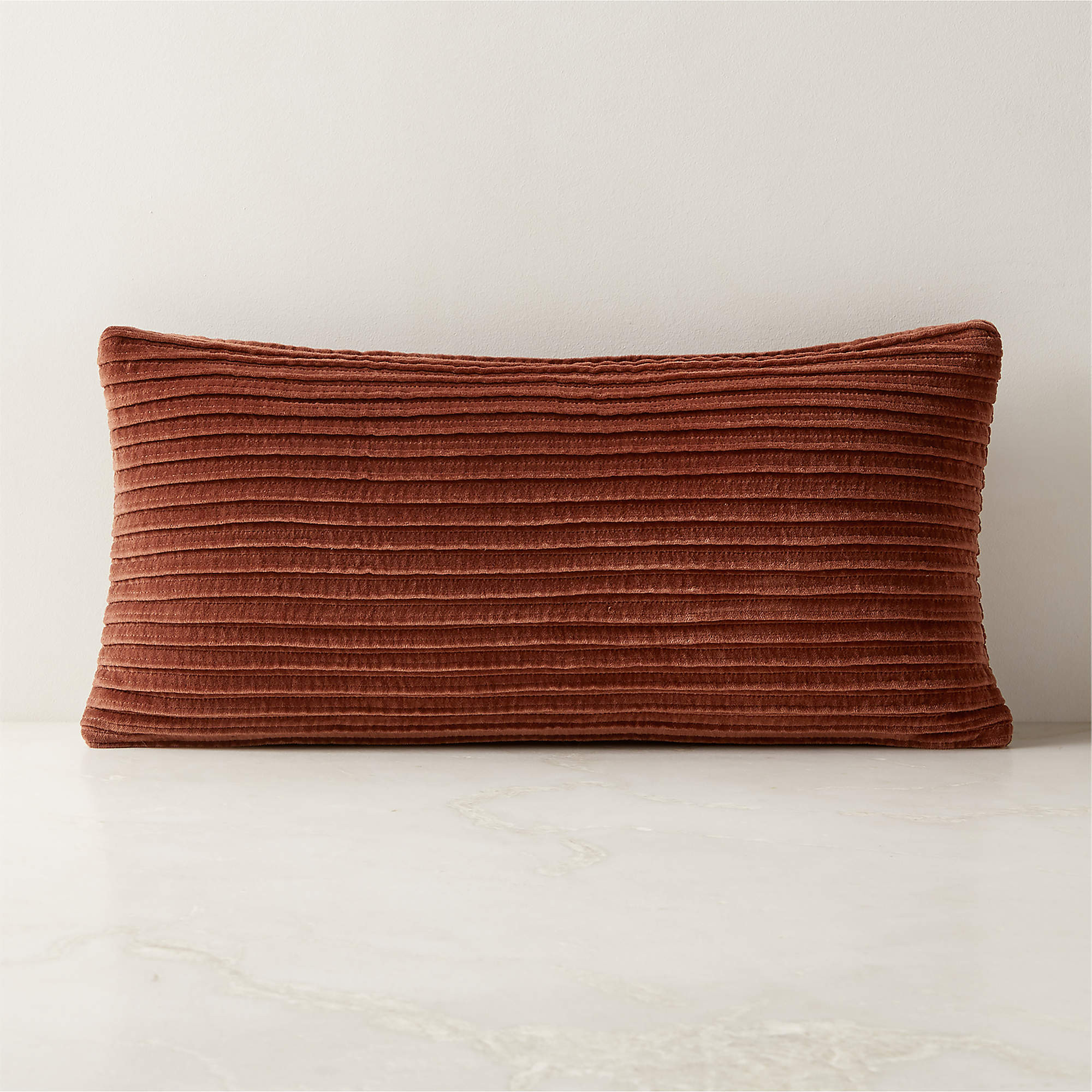 Paola Pleated Sienna Brown Velvet Lumbar Pillow with Down-Alternative Insert 23"x11" + Reviews | ... | CB2