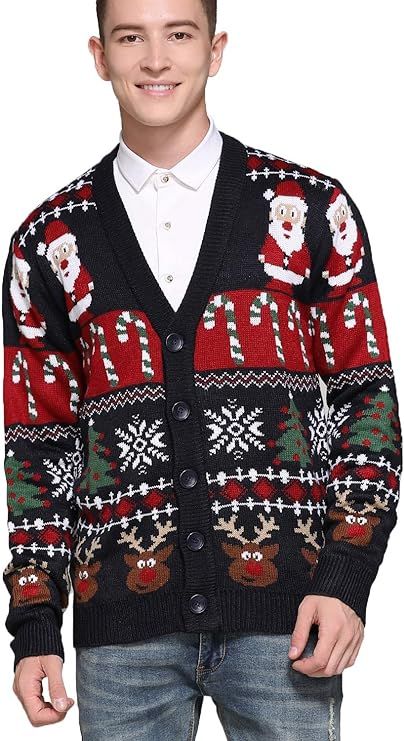 Men's Christmas Rudolph Reindeer Holiday Festive Knitted Sweater Cardigan Cute Ugly Pullover Jump... | Amazon (US)