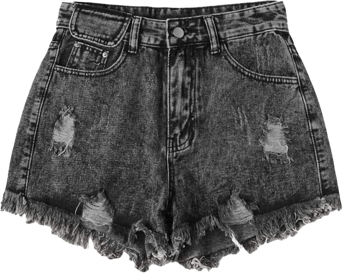 Floerns Women's Ripped Raw Hem High Wait Straight Leg Solid Denim Shorts | Amazon (US)