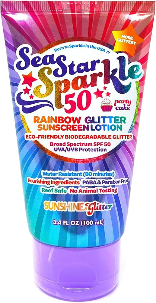 Sunshine & Glitter | Sea Star Sparkle Biodegradable GLITTER SUNSCREEN with SPF 50 | RAINBOW PARTY... | Amazon (US)