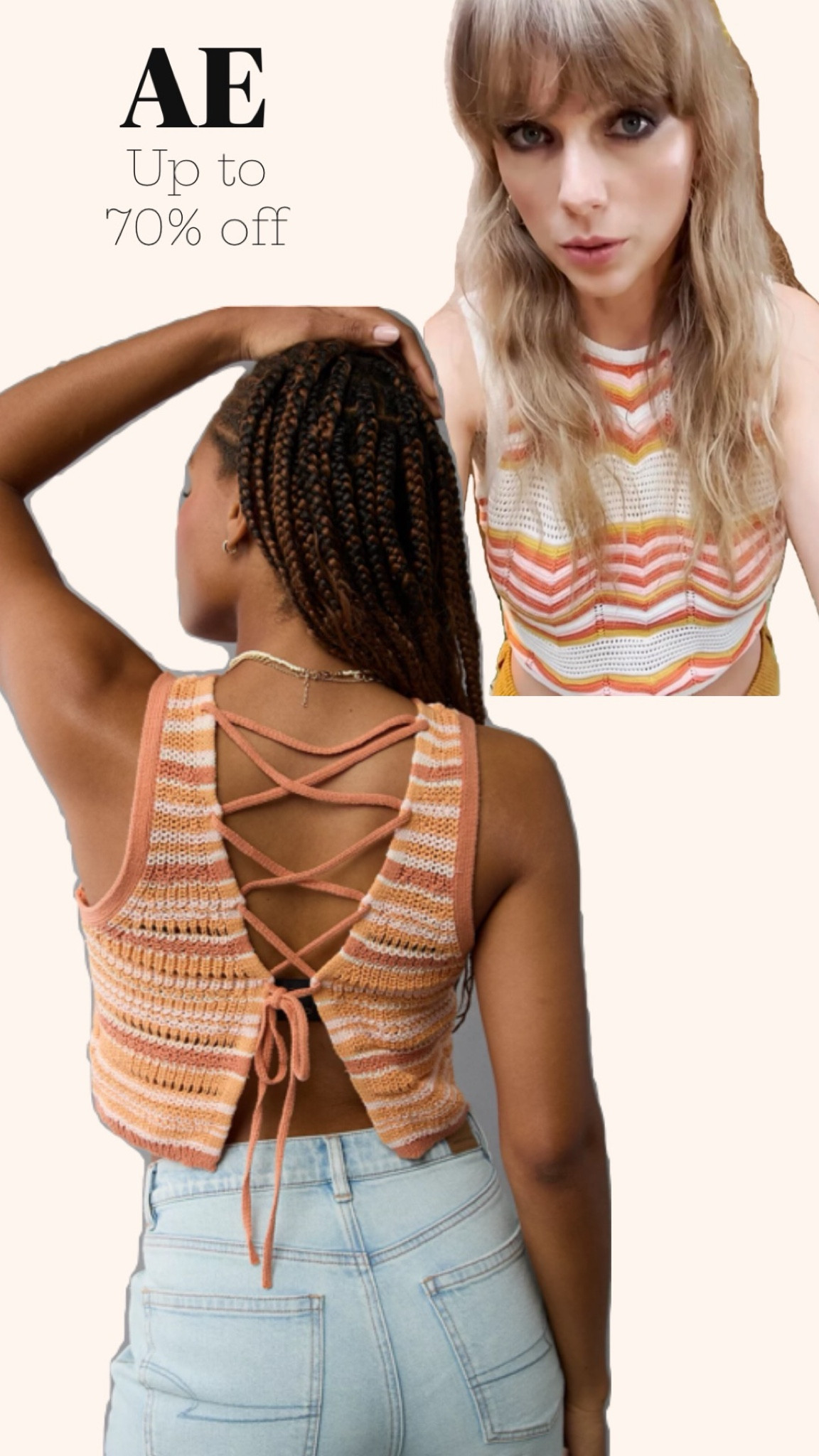 Do you see the vision? You could absolutely recreate Taylor Swift’s Midnights look with this crochet top from American Eagle. I was scrolling the sale & this top grabbed my attention, it’s definitely channeling Taylor’s crochet top from Mother Denim but for a fraction of the $225+ price tag, not to mention that top from Mother hasn’t been available in ages. American Eagle is running a sale until 9/3 with up to 70% off online, check it out! 🧡💕🤍

#LTKFallSale #LTKSaleAlert #LTKStyleTip