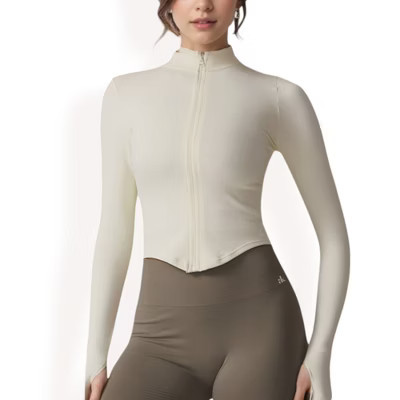 Anna-Kaci Women's Zip-Up Long Sleeve Activewear Jacket with Thumbholes and High Collar - Small, Ivory | Target