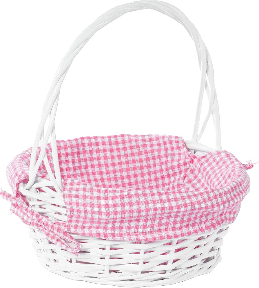 White Round Willow Gift Basket, with Pink Gingham Liner and Handle- Small | Amazon (US)