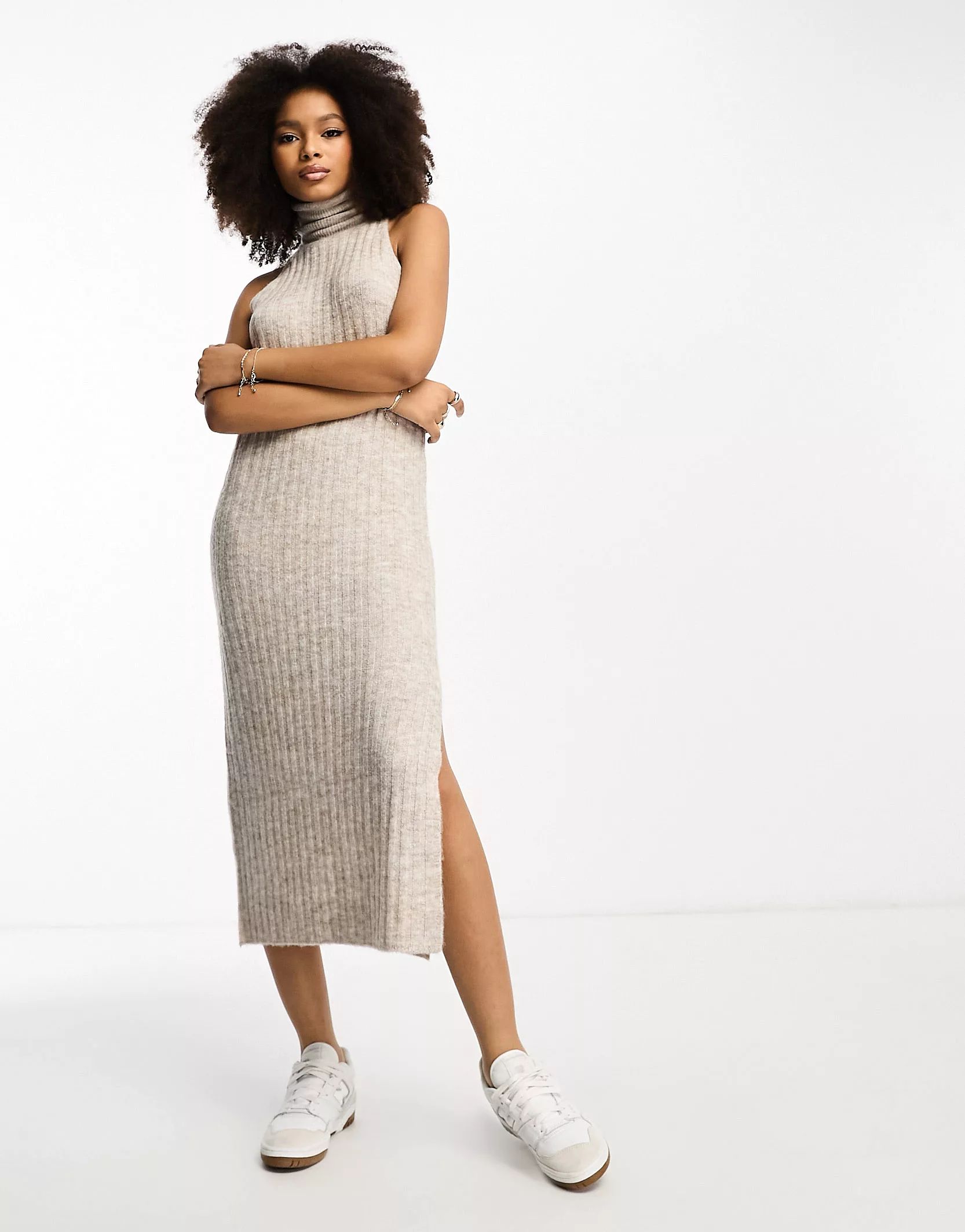 ASOS DESIGN knitted sleeveless midi dress with roll neck in stone - part of a set | ASOS (Global)