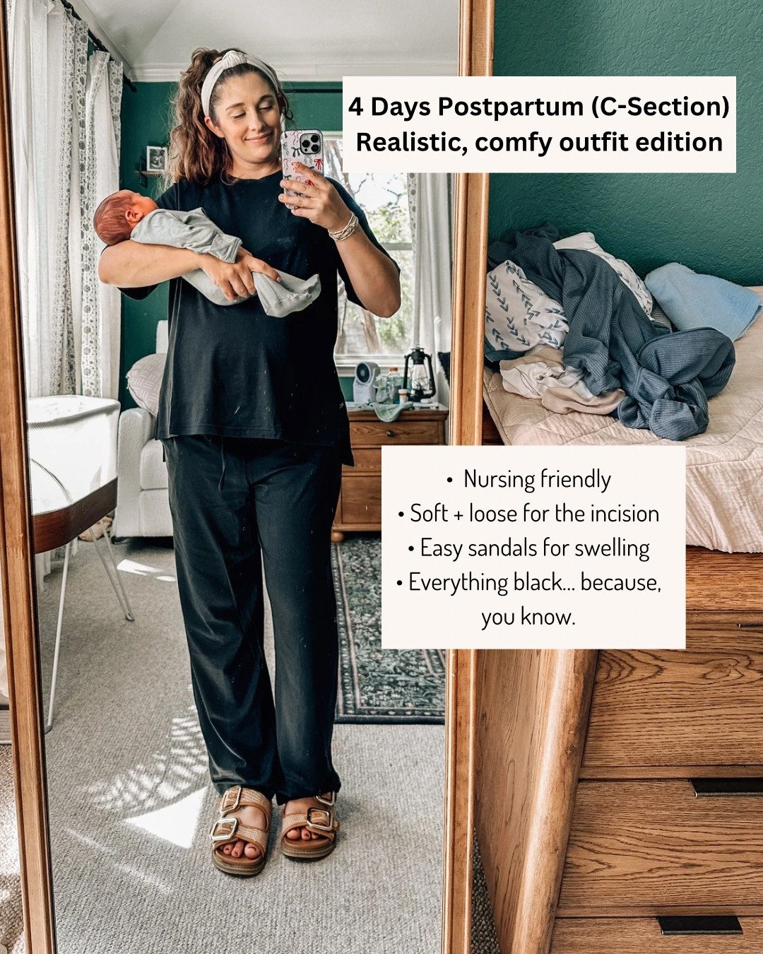 4 days postpartum (C-section edition) 

✨ Keeping it real with this comfy, functional fit because that’s all that matters right now. Loose, soft, and black (because, well… you know). Sandals for the swollen feet, oversized tee for the nursing-friendly ease, and joggers that don’t press on the incision.

The transition from bump to baby is wild, but feeling put-together, even just a little, makes a difference. Linking all the cozy must-haves for postpartum recovery! 💛 #PostpartumLife #MomStyle 

#LTKBump #LTKStyleTip #LTKBaby