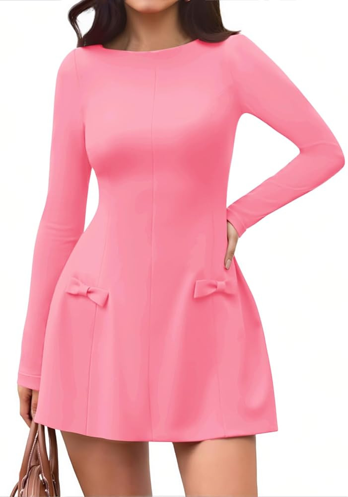 Amazon.com: Yousify Womens Boat Neck Mini Dress Long Sleeve A-Line Side Bows Club Party Date Night Bodycon Dresses Pink : Clothing, Shoes & Jewelry | Amazon (US)