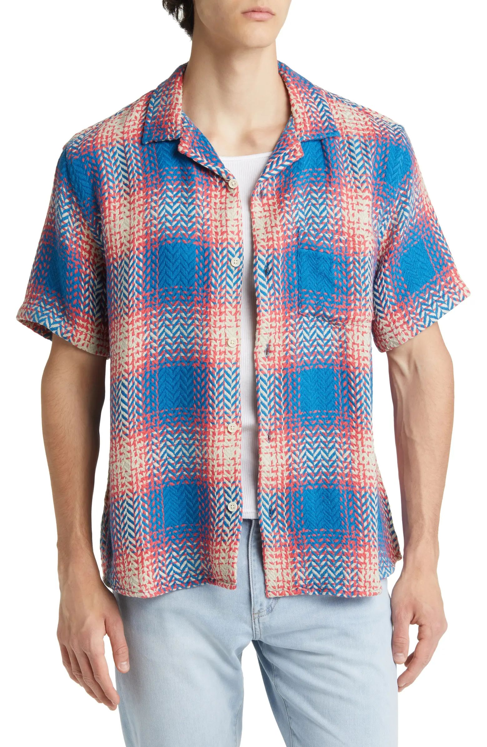 Acid Plaid Firecracker Short Sleeve Cotton Button-Up Camp Shirt | Nordstrom