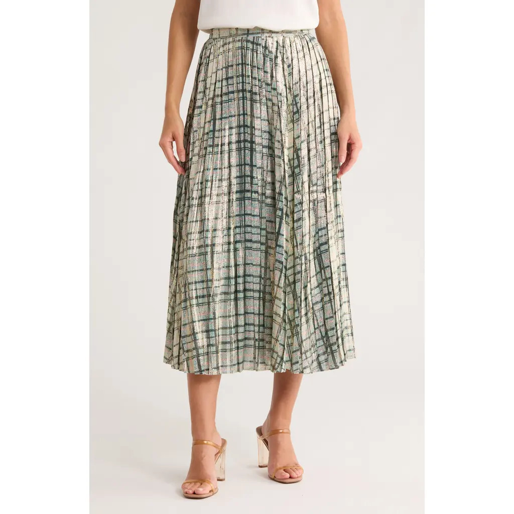 vineyard vines Metallic Pleated Midi Skirt in Maria Plaid - Charleston Green at Nordstrom Rack, Size Small | Nordstrom Rack
