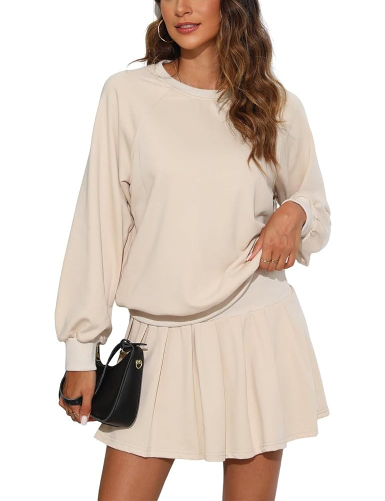 Womens 2 Piece Outfits Summer Sweatshirt Long Sleeve Pullover Pleated Skirt Sets Loungewear | Amazon (US)