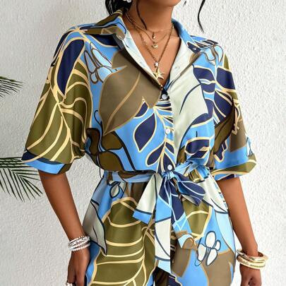 Women's Casual Tropical Flowers Print Belted Jumpsuit With Batwing Sleeves And Single-Breasted Closure ,Casual Resort Style | SHEIN