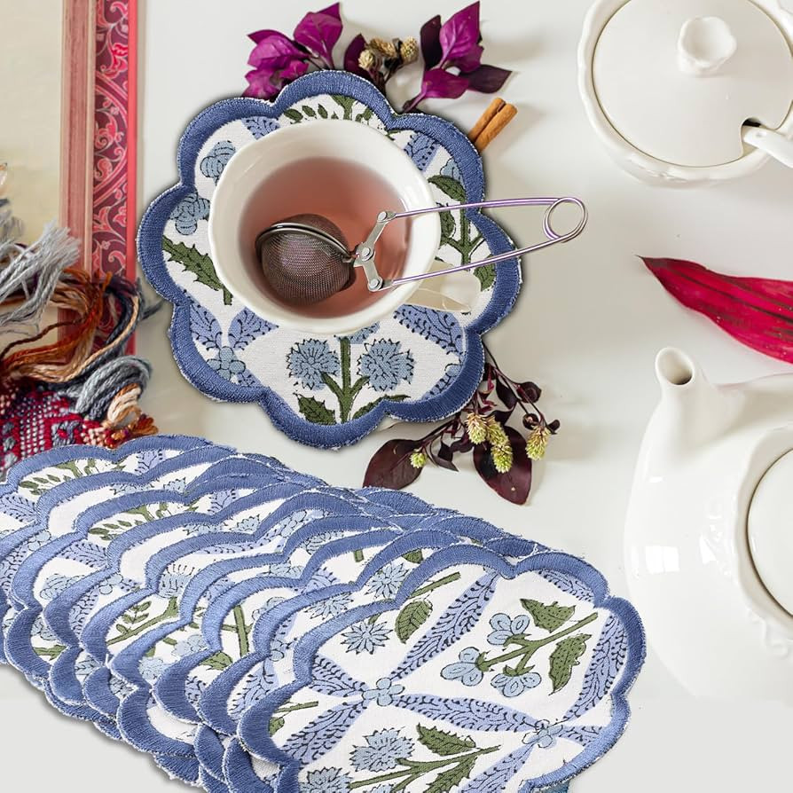 Ridhi Hand Block Print 8- pcs Canvas Cotton Drink Absorbent Stylish Embroidery Scallop Coaster Se... | Amazon (US)