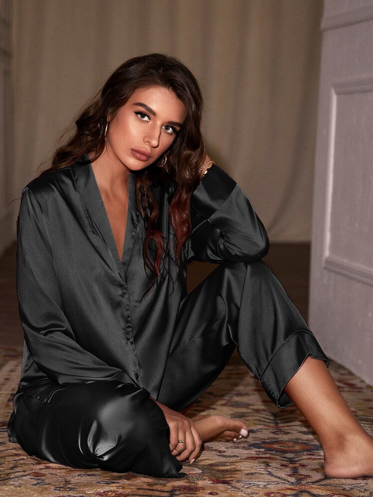 Shawl Collar Satin Pajama Set | SHEIN USA | SHEIN