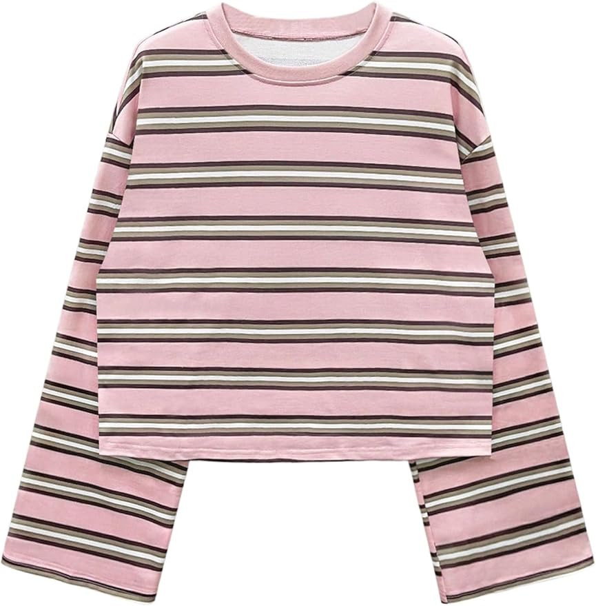 GORGLITTER Women's Oversized Striped Long Sleeve Shirt Y2K Cropped Drop Shoulder Pullover Tee T S... | Amazon (US)