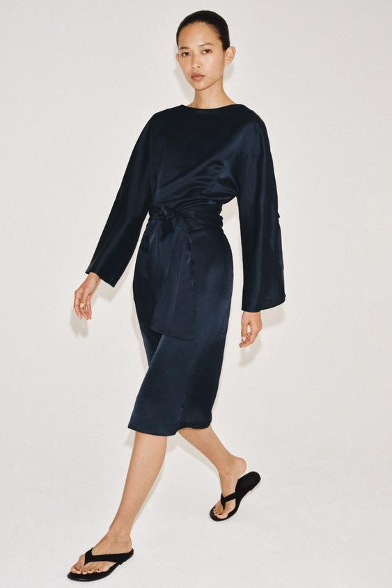 ZW COLLECTION LINEN BLEND BELTED MIDI DRESS | Zara US