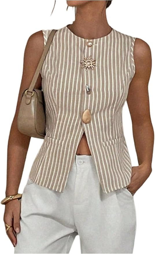 MakeMeChic Women's Striped Vest Top Metal Button Front Sleeveless Business Casual Tank | Amazon (US)