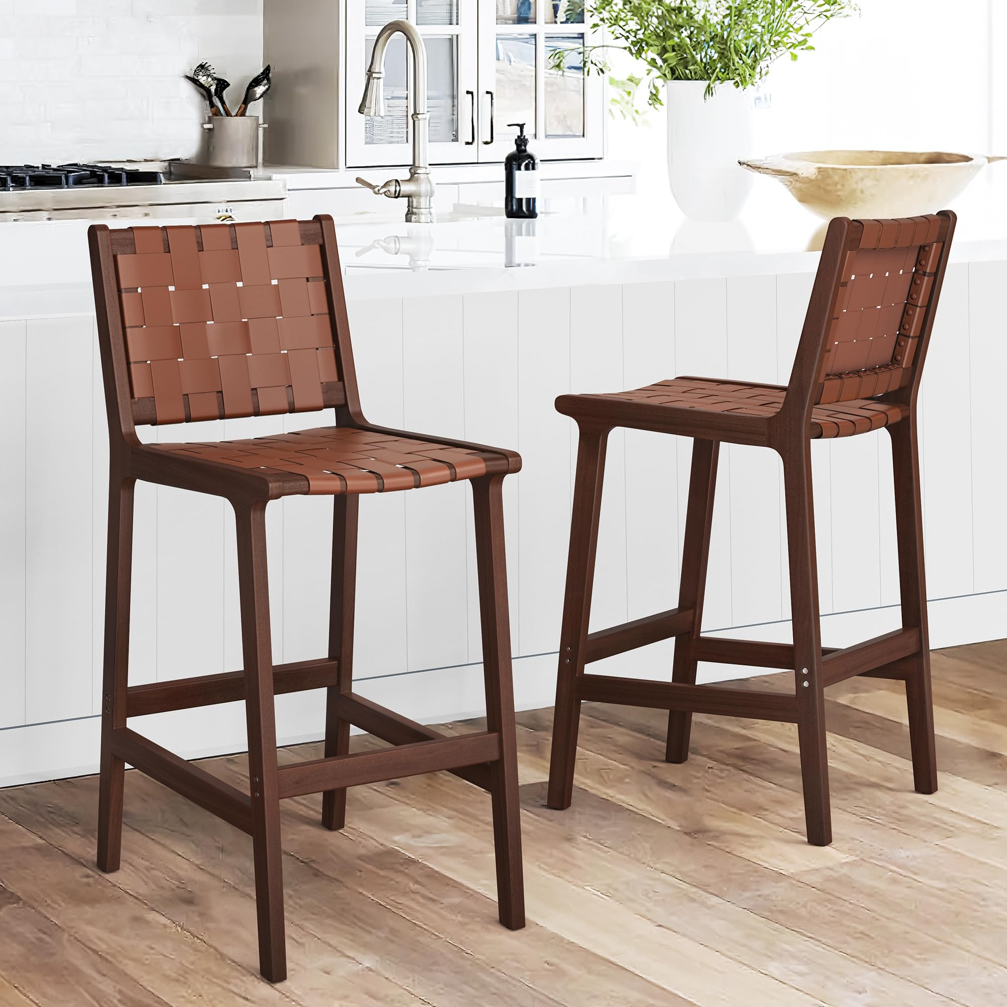 LUE BONA Counter Height Bar Stools 26inch, Set of 2 Faux Leather Woven Counter Stool with Backs, ... | Amazon (US)
