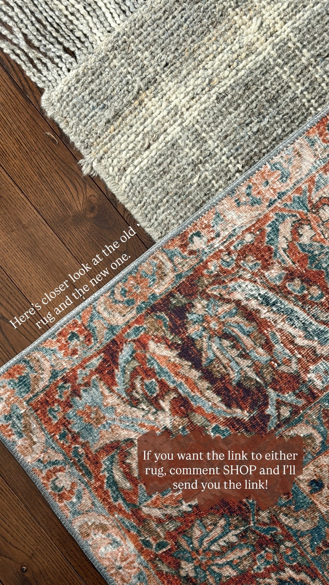 Here’s closer look at the old rug and the new one. If you want the link to either rug, comment SHOP and I’ll send you the link!