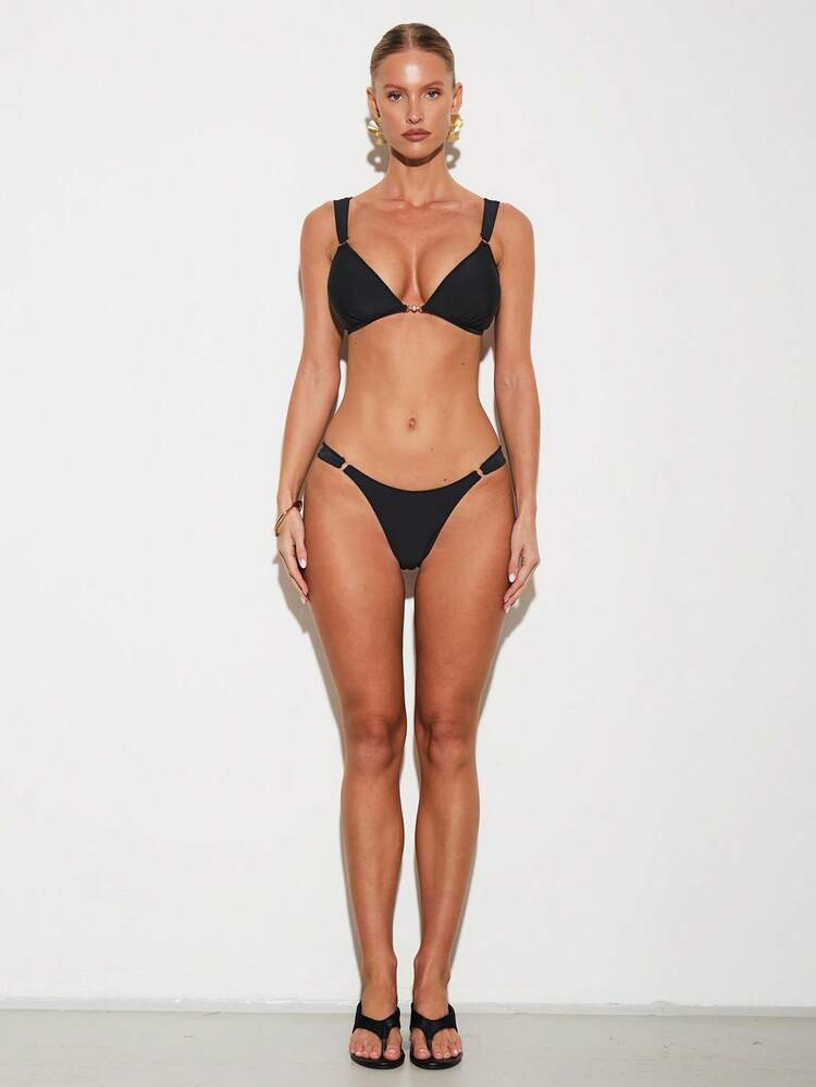 Swim Basics Women's Wide Strap Tie Back Black Bikini Top And Bottom Bikini 2Pcs Set Summer | SHEIN
