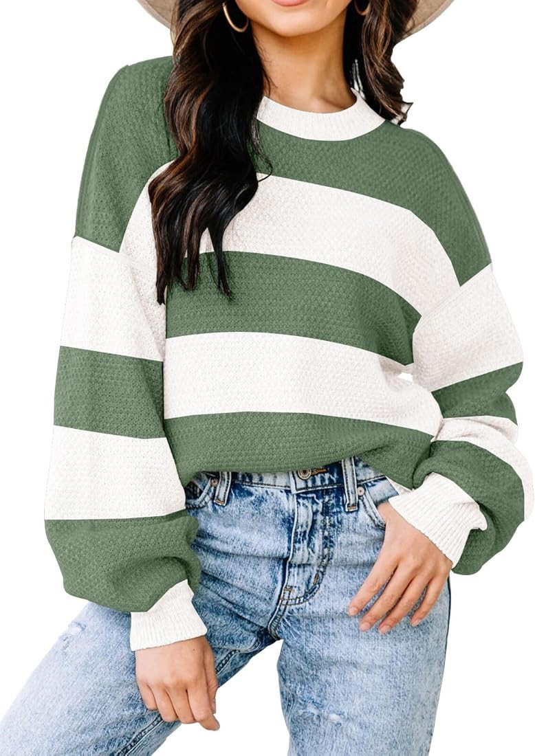 Fall Sweaters for Women 2023 Long Sleeve Striped Oversized Sweaters Trendy Casual Crew Neck Knitt... | Amazon (US)