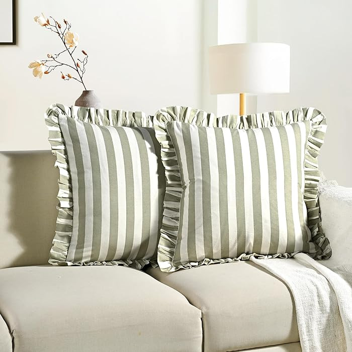 CPC Grey Striped Hand Block Print Cotton Ruffle Decorative Throw Covers with Hidden Zipper 20" x ... | Amazon (US)