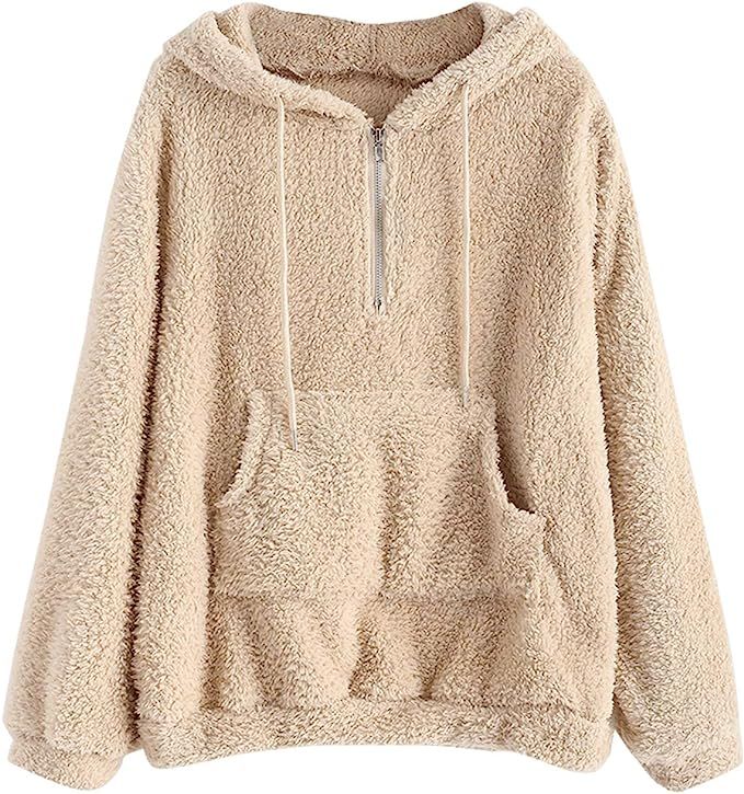 ZAFUL Women's Half Zip Kangaroo Pocket Fluffy Hoodie Long Sleeve Sweatshirt Warm Pullover | Amazon (US)