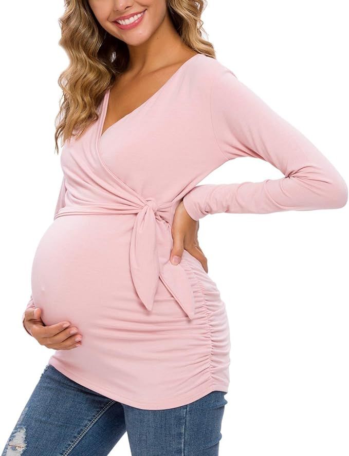 BBHoping Womens Maternity Shirts Short & Long Sleeves V-Neck Maternity Shirt Pregnancy Tops | Amazon (US)