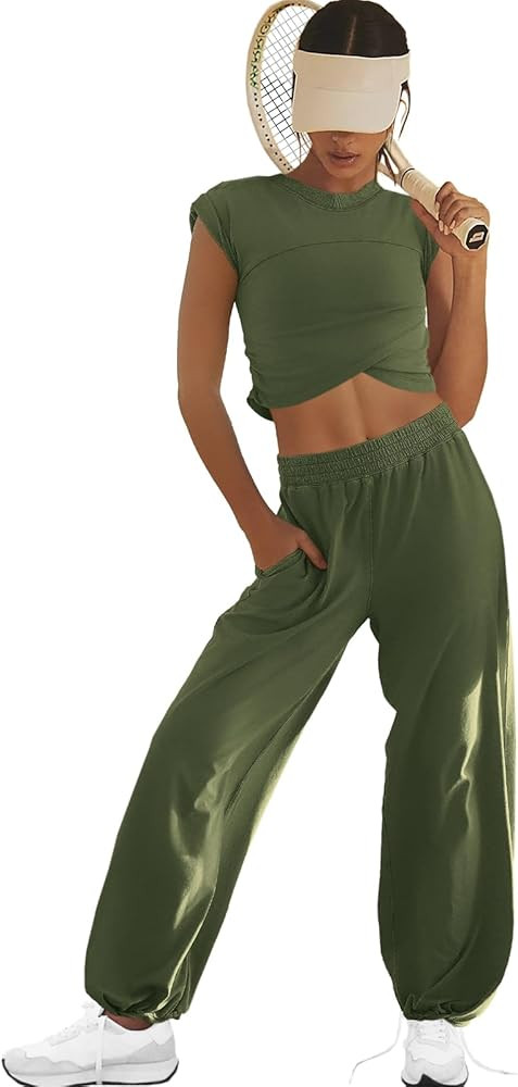 LAMISSCHE Womens Loungewear Set 2 Piece Outfits Sets Cropped Tops and Wide Leg Pants with Pockets... | Amazon (US)