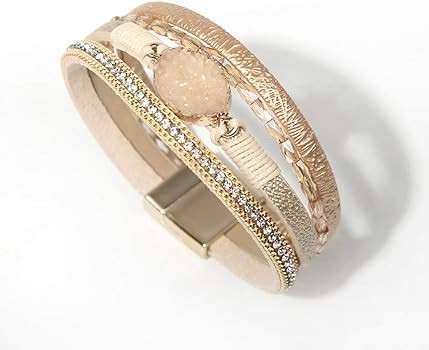 Leather Wrap Bracelet Boho Cuff Bracelets Crystal Bead Bracelet with Magnetic Clasp Jewelry Gifts fo | Amazon (US)