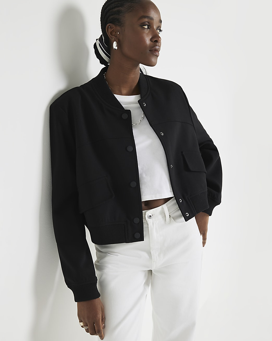 Black tailored crop bomber jacket | River Island (UK & IE)