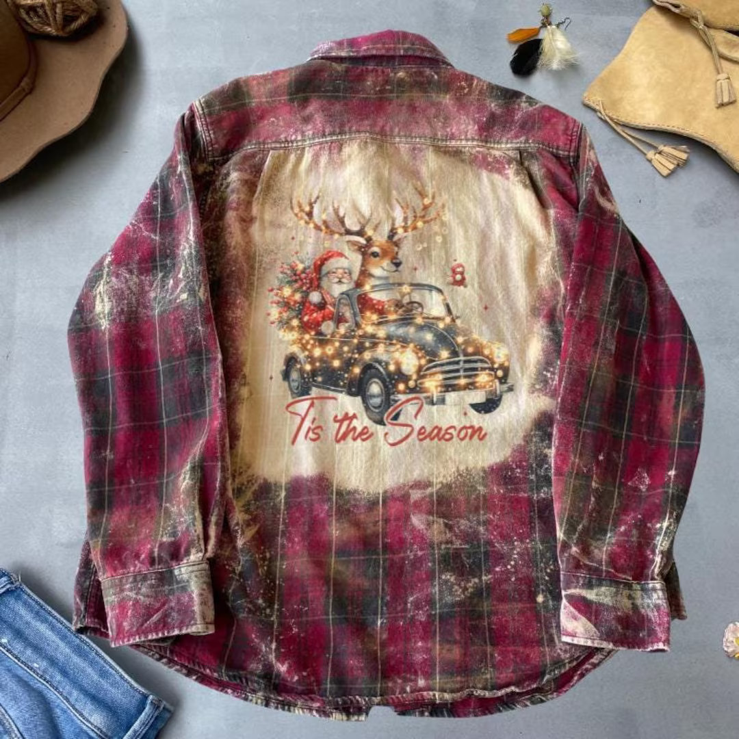 Tis the Season Christmas Shirt Bleached Flannel Shirt Santa and Reindeer Car Ride Holiday Plaid T... | Etsy (US)