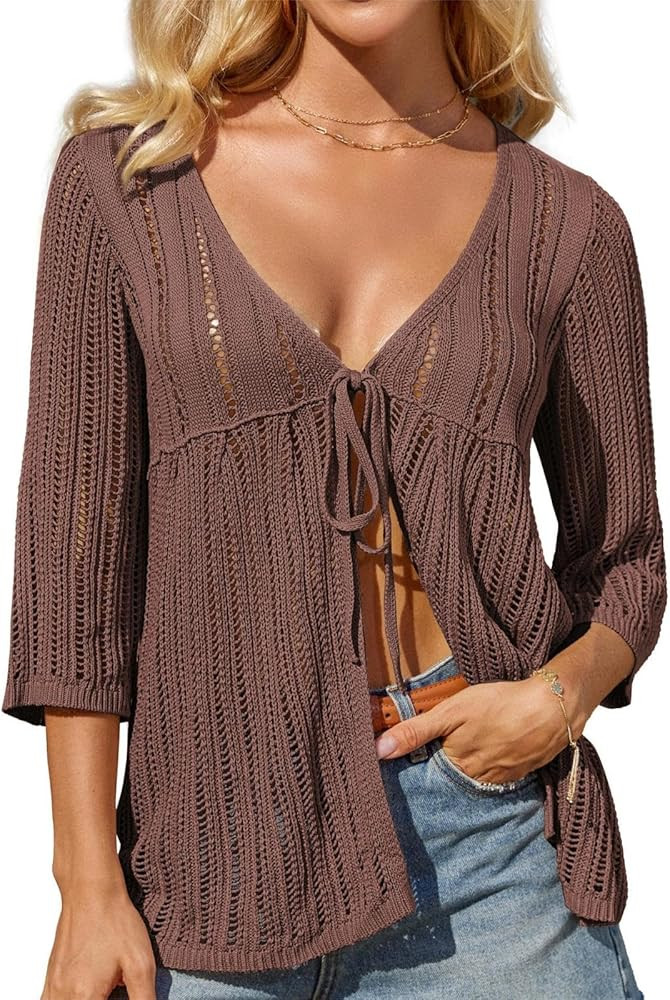 GRACE KARIN Womens Lightweight Crochet Cardigan Tie Front Cardigan 3/4 Sleeve Summer Sweater Kimo... | Amazon (US)