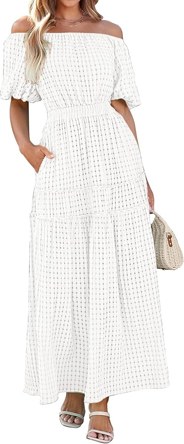 MASCOMODA Off The Shoulder Flowy Maxi Dress for Women 2024 Summer Casual Puff Short Sleeve Smocke... | Amazon (US)