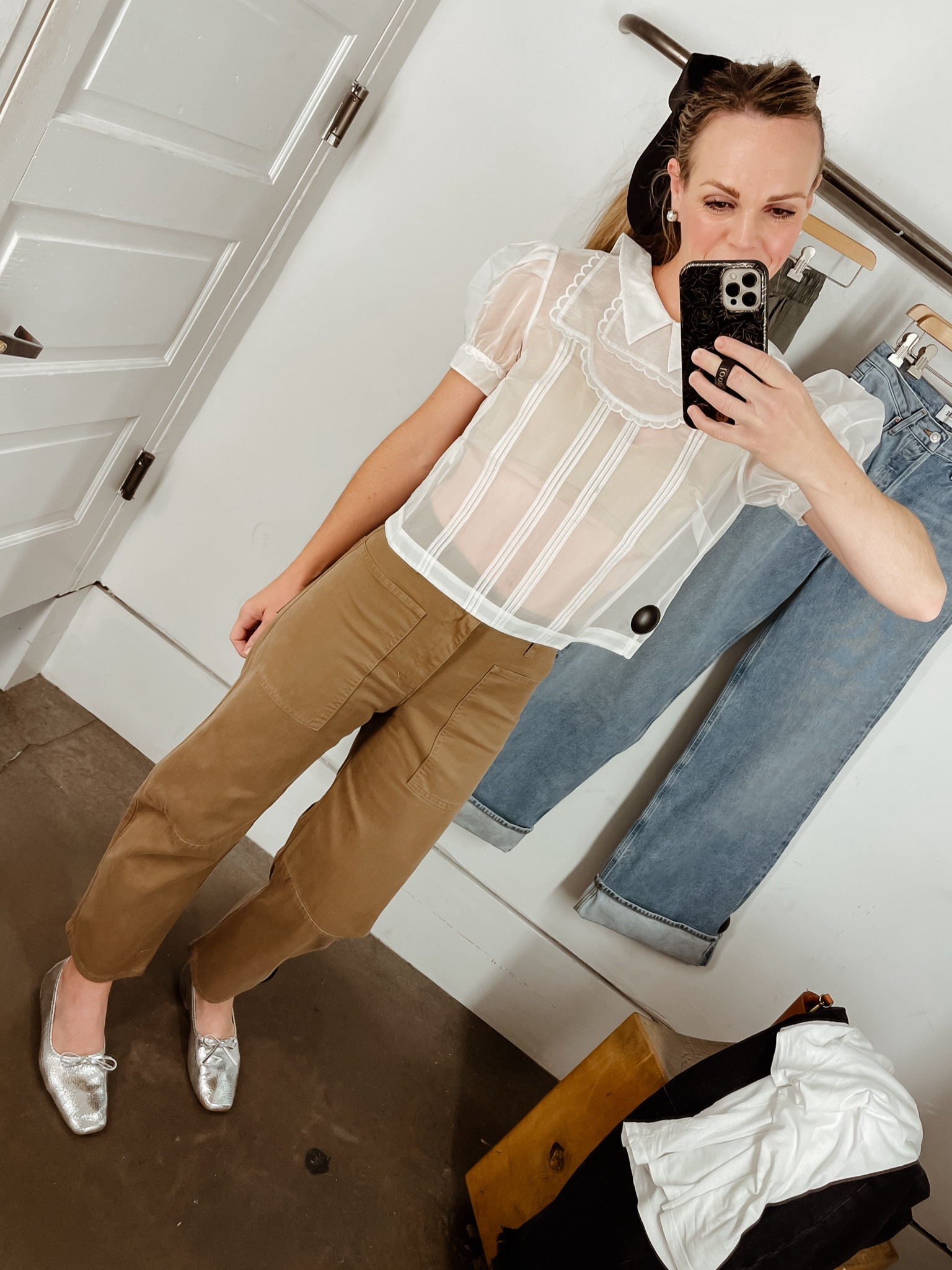 Anthro finds ✨

Top is now available in white online! -wearing an XS

Pants run TTS -wearing a 0
Flats run TTS 

#LTKHoliday