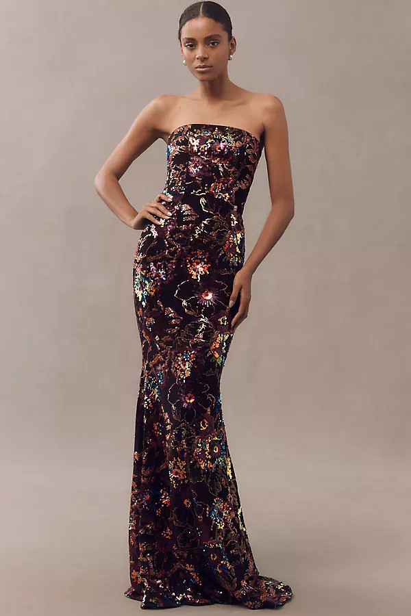 Helen Strapless Floral Stretch Sequin Mermaid Maxi Dress | Anthropologie (US)