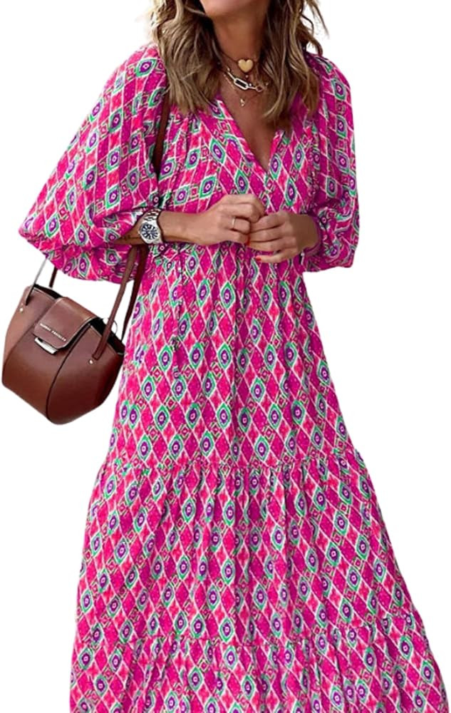Costaric Womens Floral Print Puff Sleeve Maxi Dress 2023 Fall Oversized Casual Flowy Ruffle Strea... | Amazon (US)