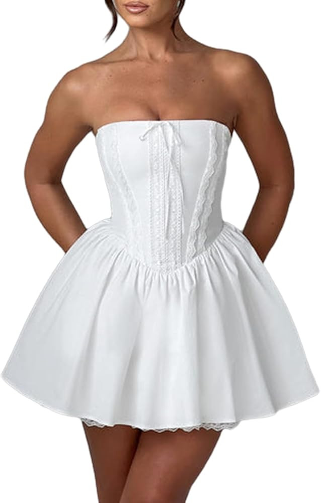 Women Short Sleeve Corset Mini Dress Backless Going Out Flowy Solid Color Fairy Cocktail Party Cl... | Amazon (US)