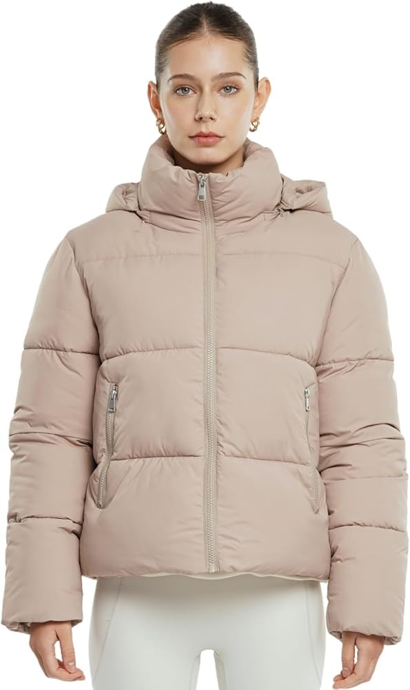Women's Cropped Puffer Jackets,Warm Winter Jacket with Removable Hood,Zipped Pockets,Short Ladies... | Amazon (US)