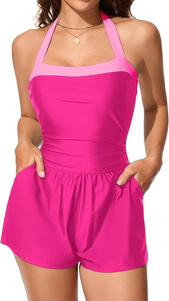 Smismivo Swim Romper Halter Tummy Control One Piece Swismuit with Shorts and Pockets Women Bathin... | Amazon (US)