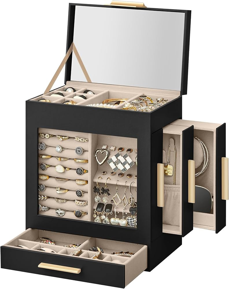 SONGMICS Jewelry Box with Glass Window, 5-Layer Jewelry Organizer with 3 Side Drawers, Jewelry St... | Amazon (US)