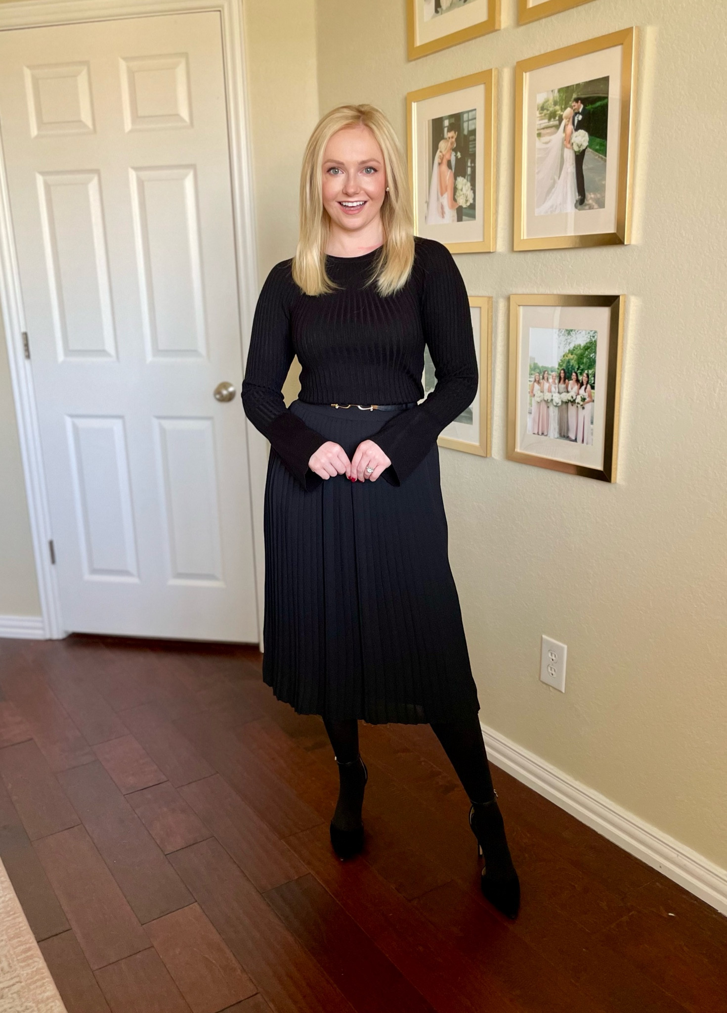 Wearing an XS in the top, linked similar skirt options! | holiday outfit, pleated skirt, black top, black sweater 

#LTKSeasonal #LTKfindsunder50 #LTKHoliday