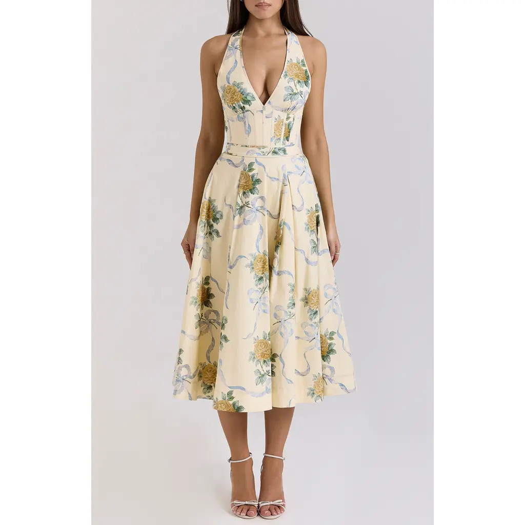 HOUSE OF CB Allena Floral Halter Stretch Cotton Midi Sundress in Yellow Rose Print at Nordstrom, Size Medium A | Nordstrom