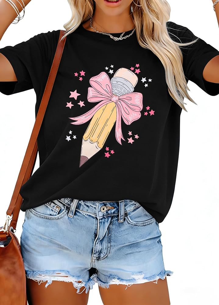 LUKYCILD Teacher Shirts Women Bow Pencil Graphic Tee Back to School Shirt | Amazon (US)