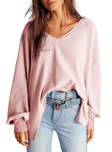 Dokotoo Spring Tops for Women 2026 Fashion Long Lantern Sleeve Trendy Loose Fit Shirts Basic Waffle Knit Tee Ladies Pullover Jumper in Pink XX-Large | Amazon (US)