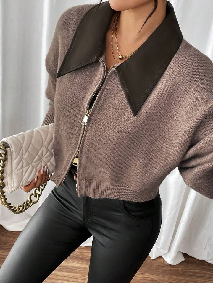 SHEIN Relaxiva Women's Khaki High-End Stylish Knitted Cardigan Sweater, Fashionable Patchwork Pul... | SHEIN