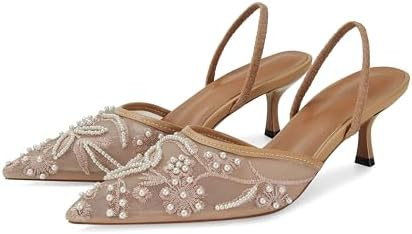 Embroidered Kitten Heels for Women Pointed Toe Mesh Floral Slingback Heeled Sandals With Pearl Sl... | Amazon (US)