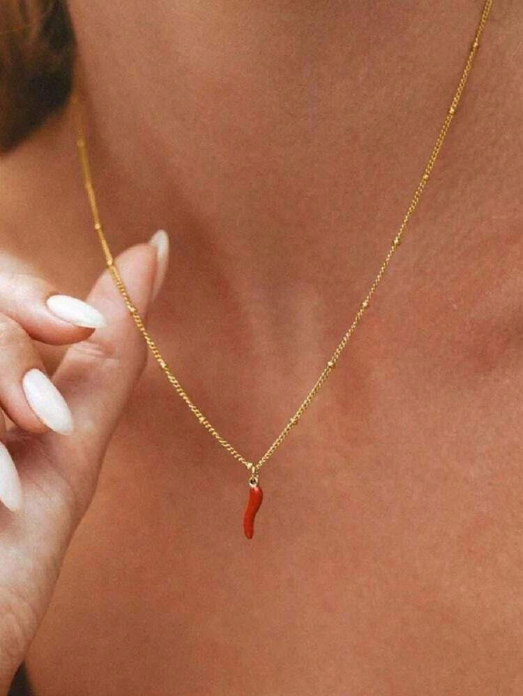 1pc 18K Gold Plated Necklace For Women, Stainless Steel Beaded Chain With Red Chili Pepper Pendan... | SHEIN
