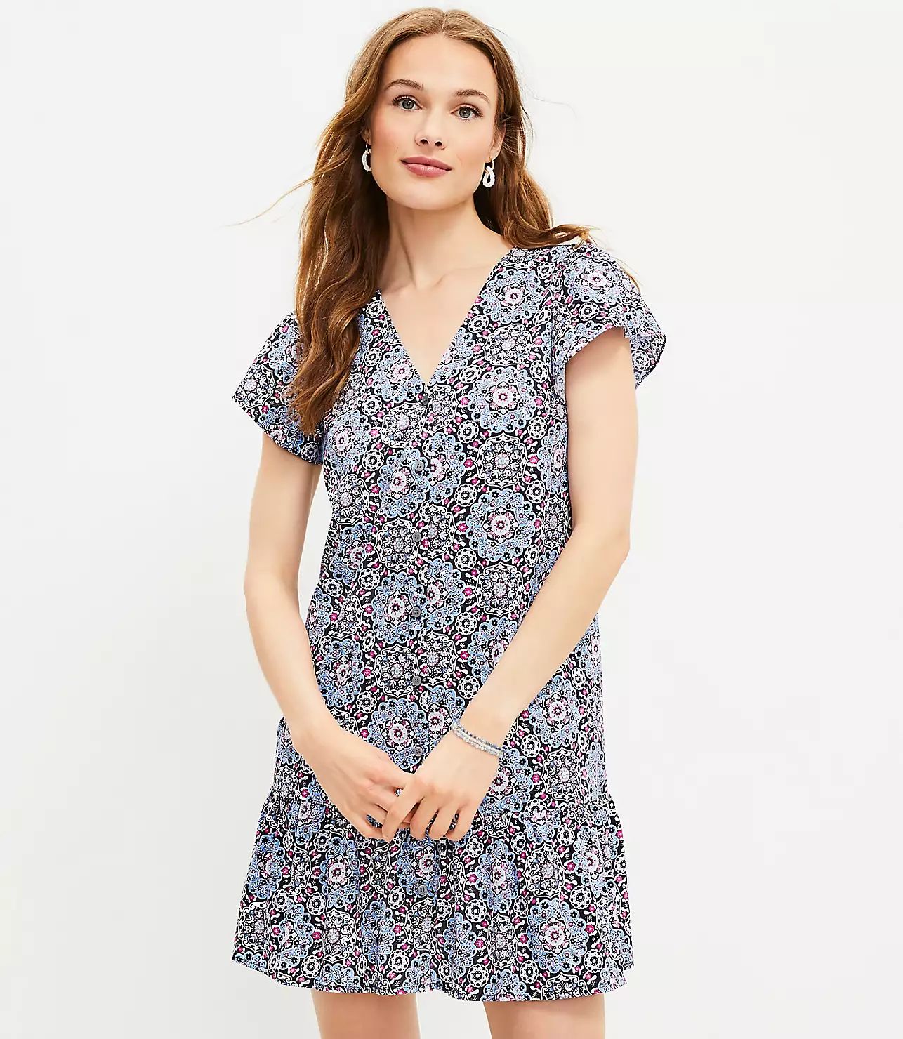 Medallion Button Ruffle Flounce Dress | LOFT