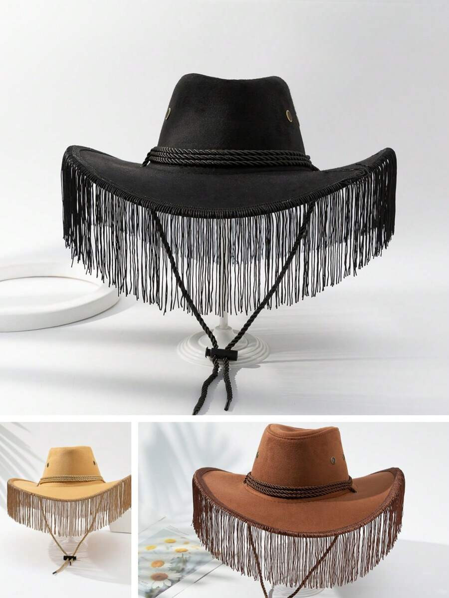 Boho 1pc Women's Fringe Western Cowboy Hat, Outdoor Sun Protection, Suitable For Rave Outfits, Fe... | SHEIN